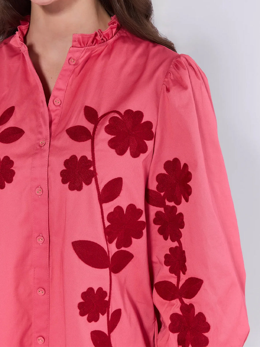 Floral Embroidery Band Collar Ruffle Trim Dress