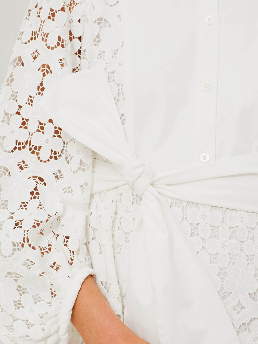 Lace Patchwork Puff Sleeve Belted Maxi Dress