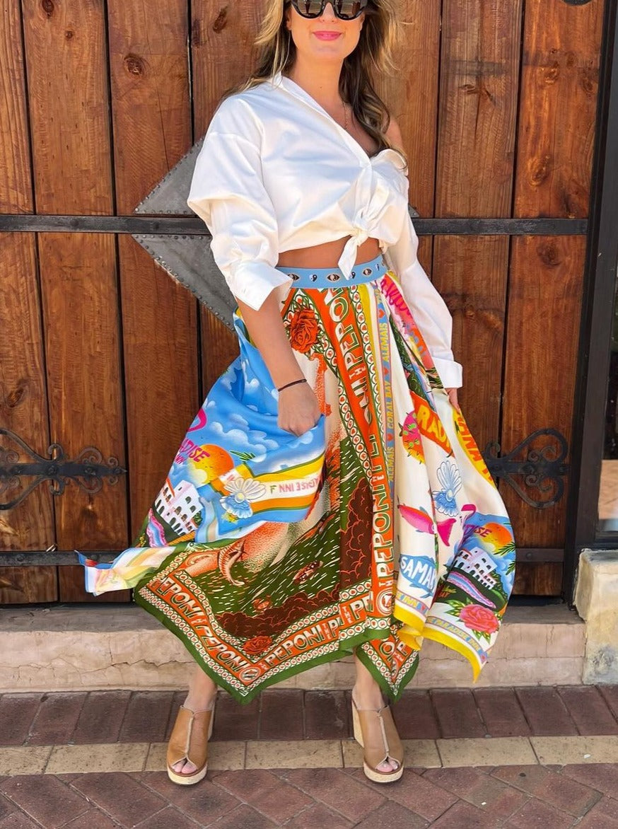 Casual Irregular Hemline Print Skirt