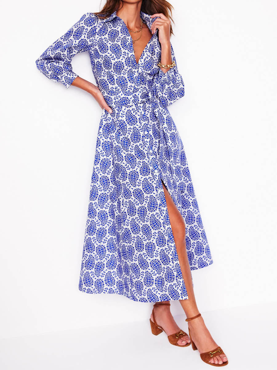 Printed Button Up Belted Shirtdress