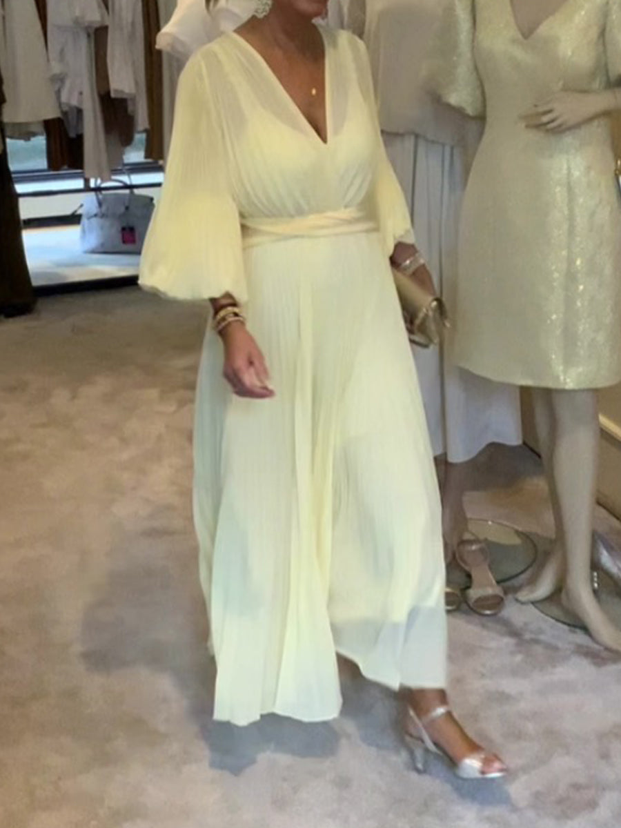 Deep V Neck Pleated Dress