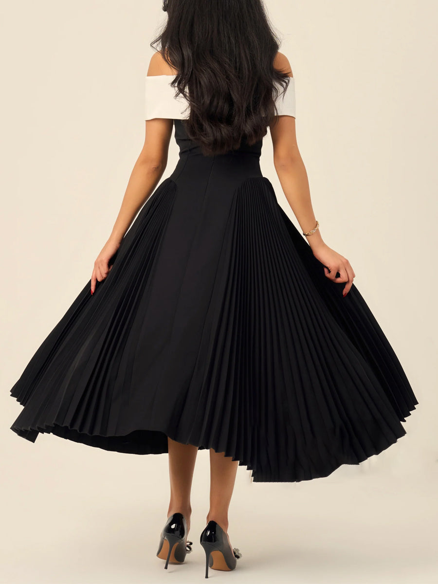 Off Shoulder Patchwork Pleated Dress