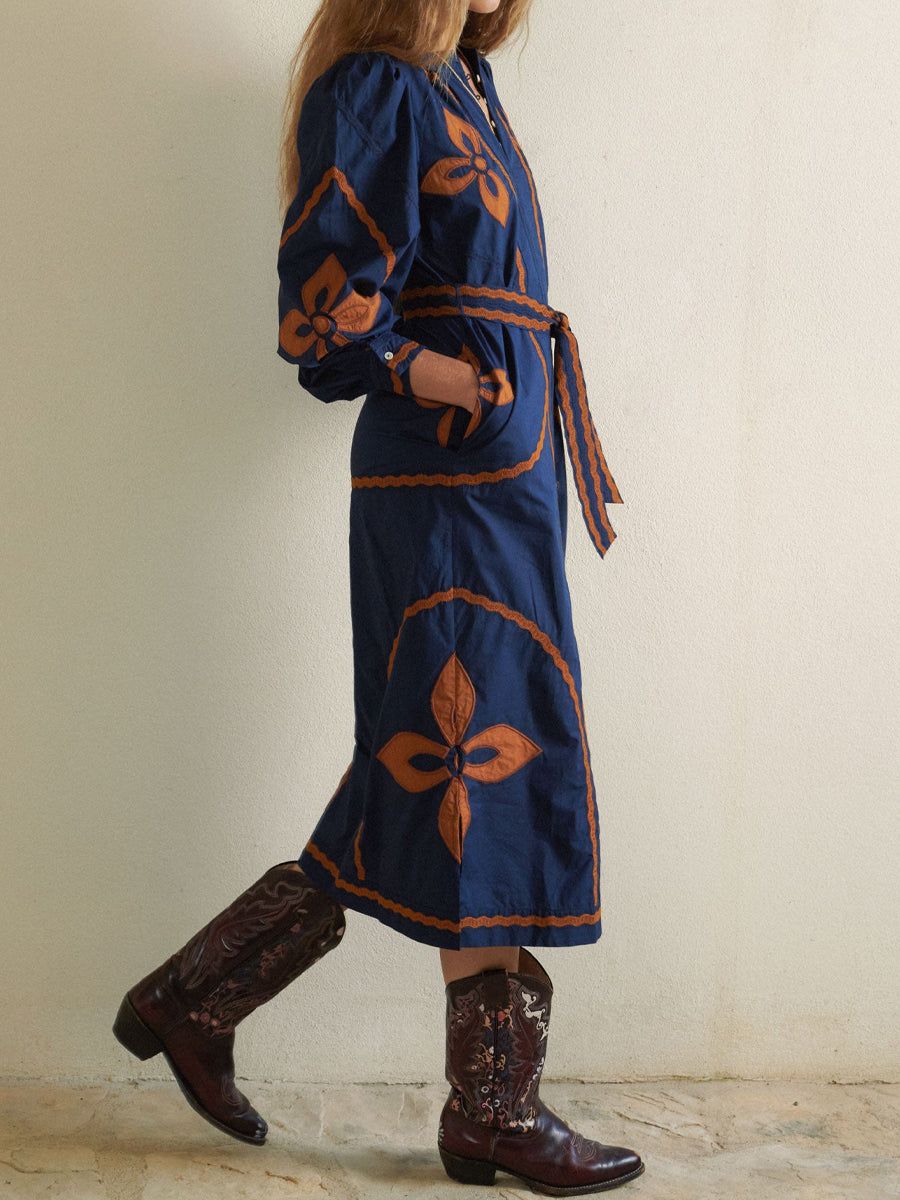 Placement Print Belted Long Sleeve Dress