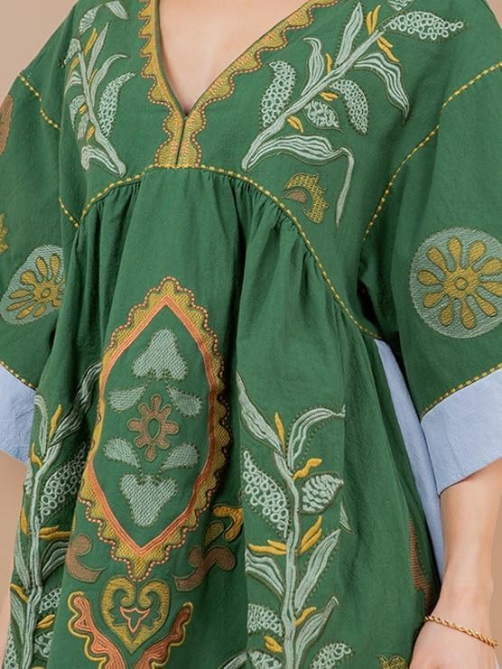 Embroidered Linen Floral Print Dress