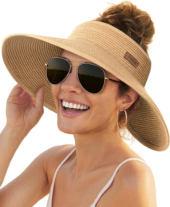 Foldable Wide Brim Straw Woven Curly Ponytail Summer Beach Hat