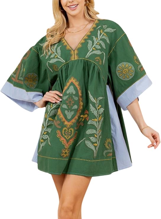 Embroidered Linen Floral Print Dress