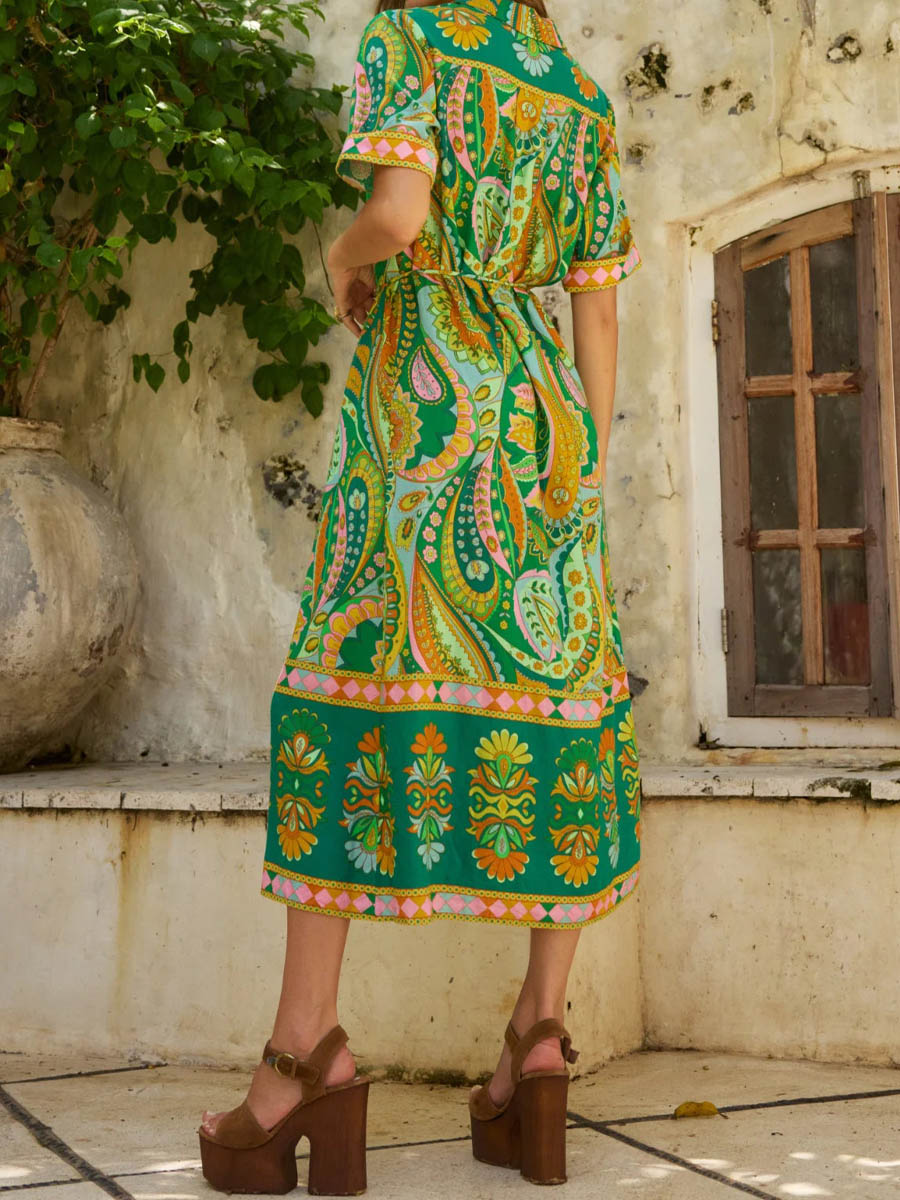 Placement Print Short Sleeve Belted Dress