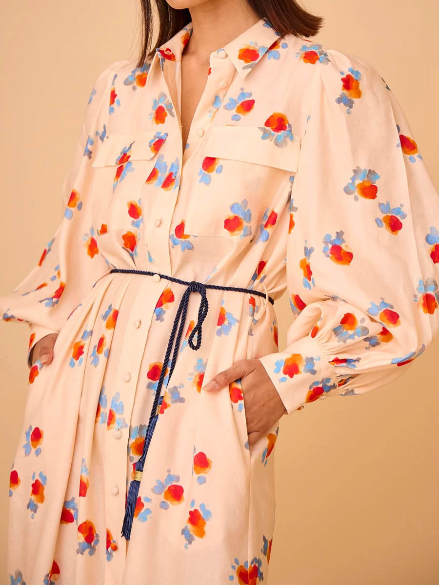 Printed Long Sleeve Tie-up Shirtdress