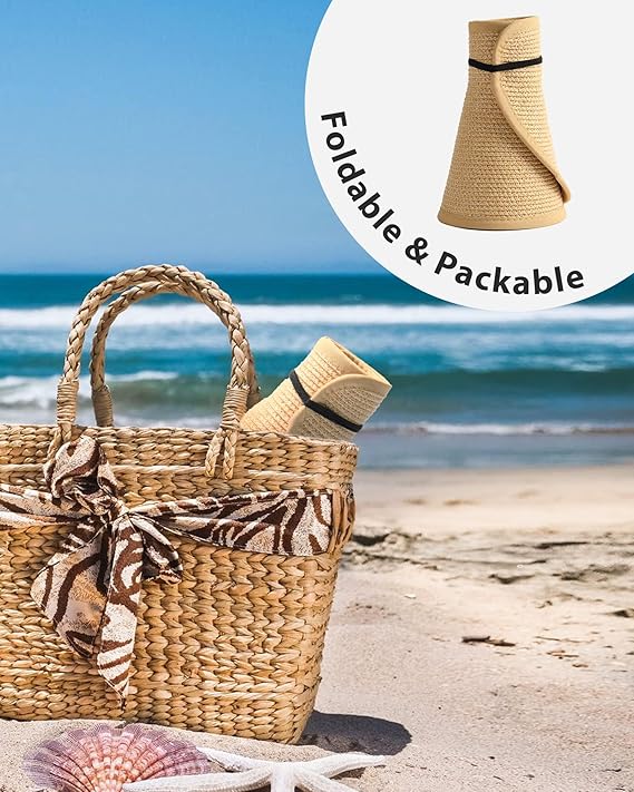 Foldable Wide Brim Straw Woven Curly Ponytail Summer Beach Hat