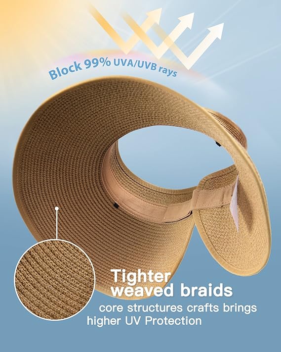 Foldable Wide Brim Straw Woven Curly Ponytail Summer Beach Hat