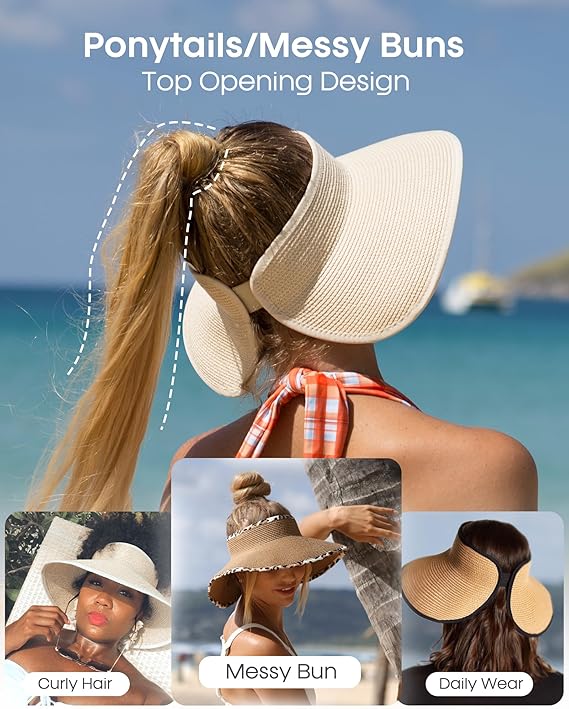 Foldable Wide Brim Straw Woven Curly Ponytail Summer Beach Hat