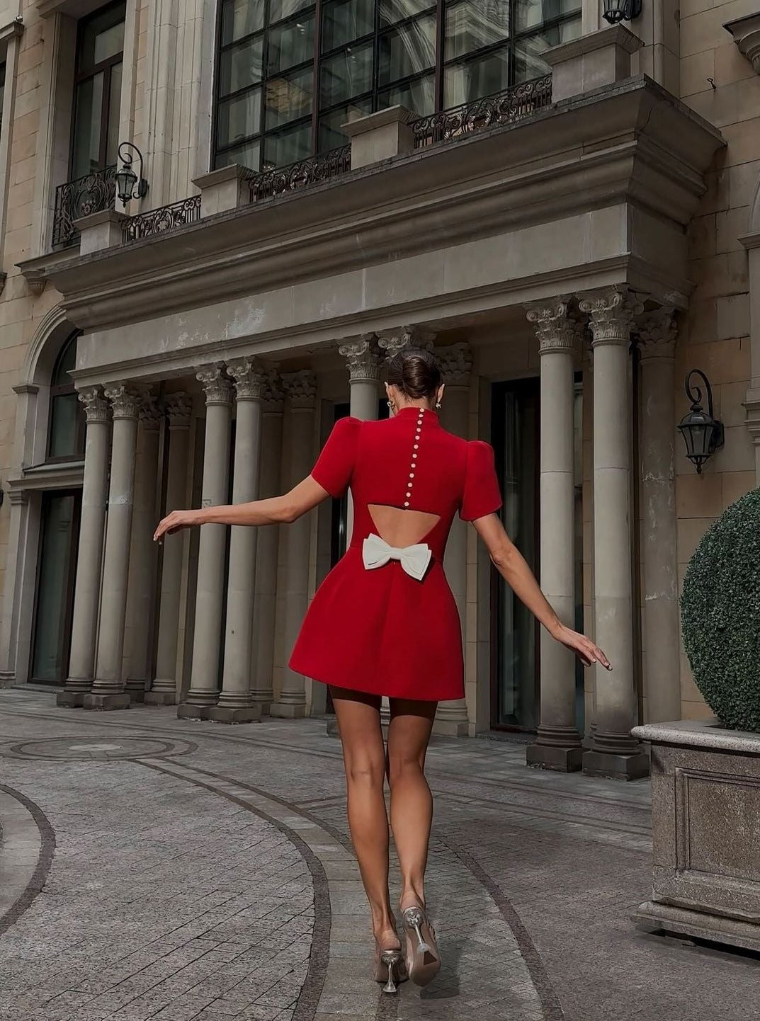 Short Hollow Bow Pad Shoulder Dress