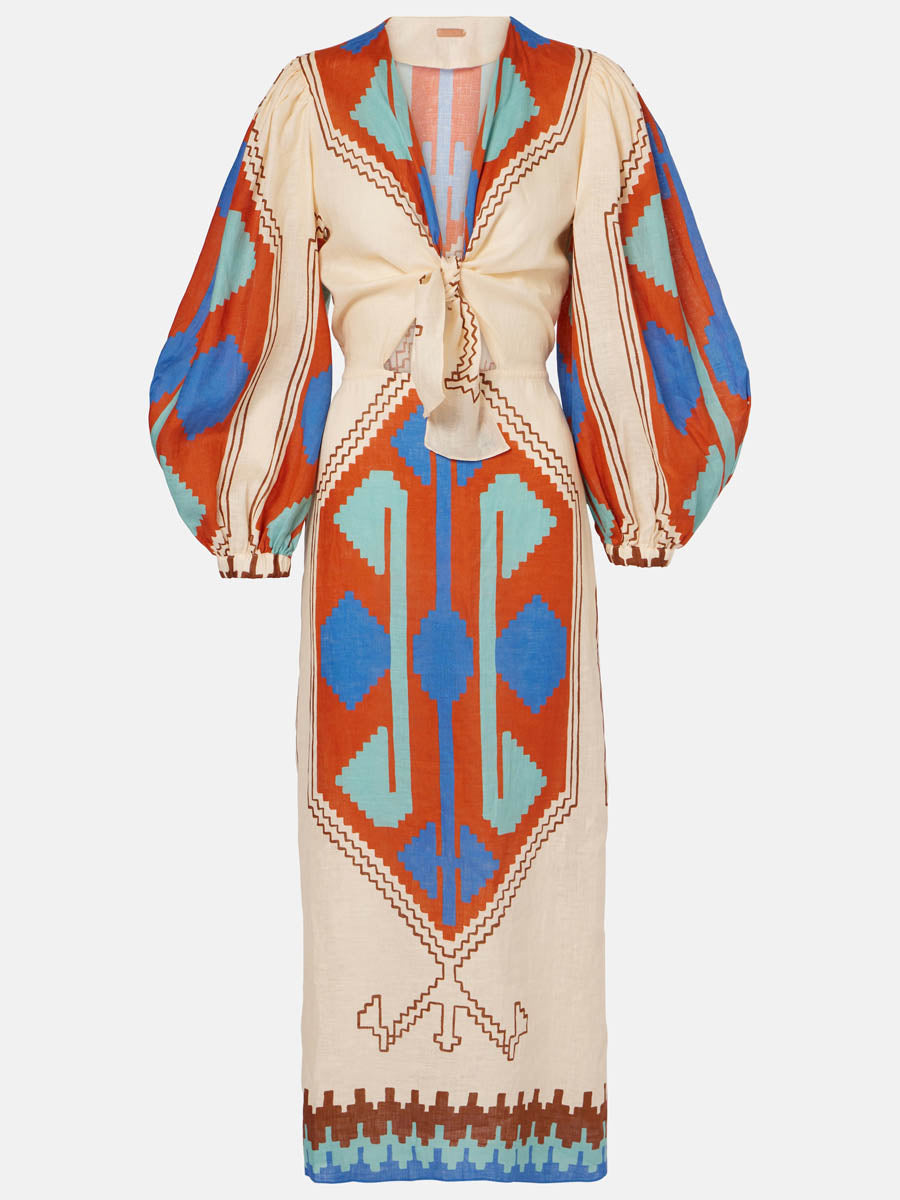 Printed Tie-detail V Neck Dress