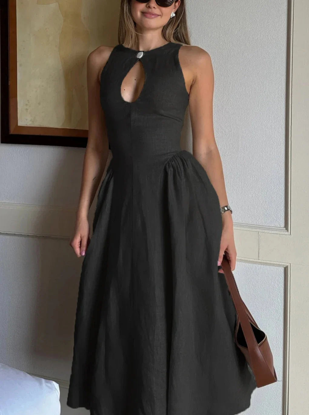 Cotton & Linen Pleated Cutout Long Dress