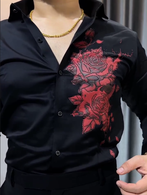 Red Rose Printed Short Sleeved Shirt