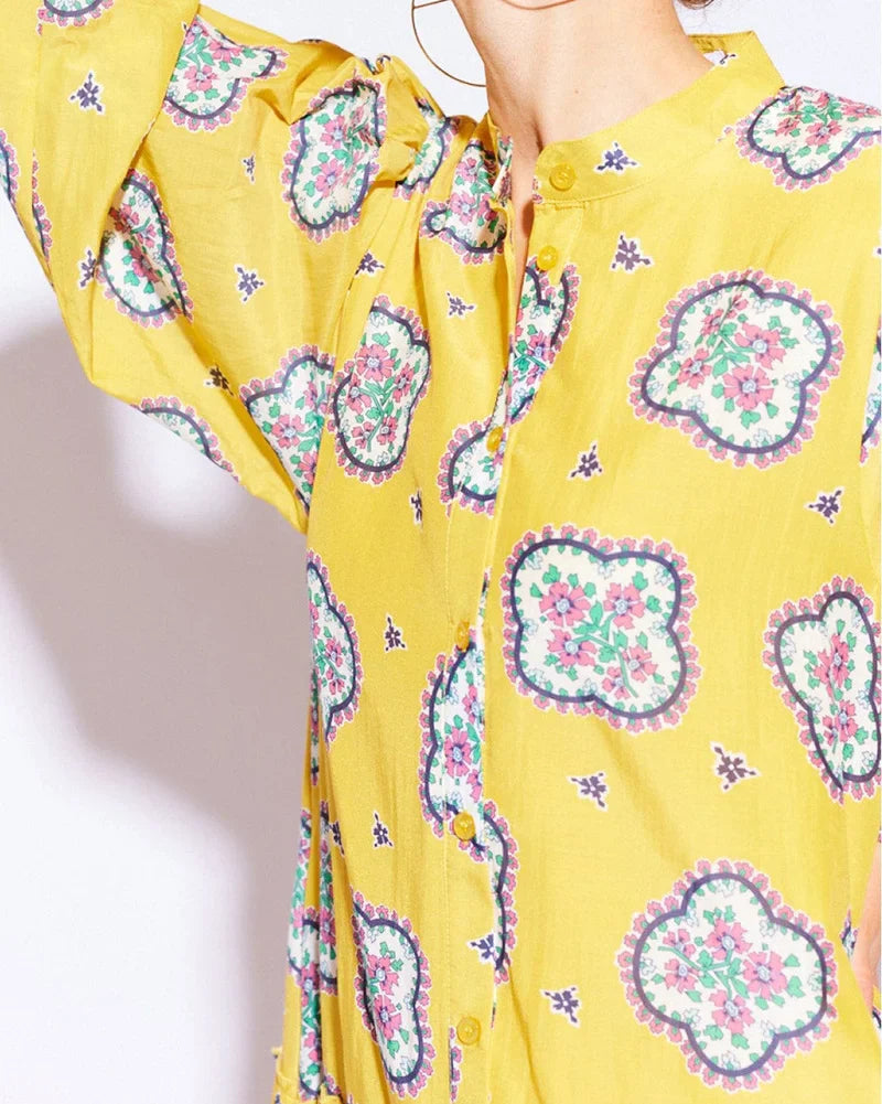 Cropped Sleeve Printed Loose Pleated Dress