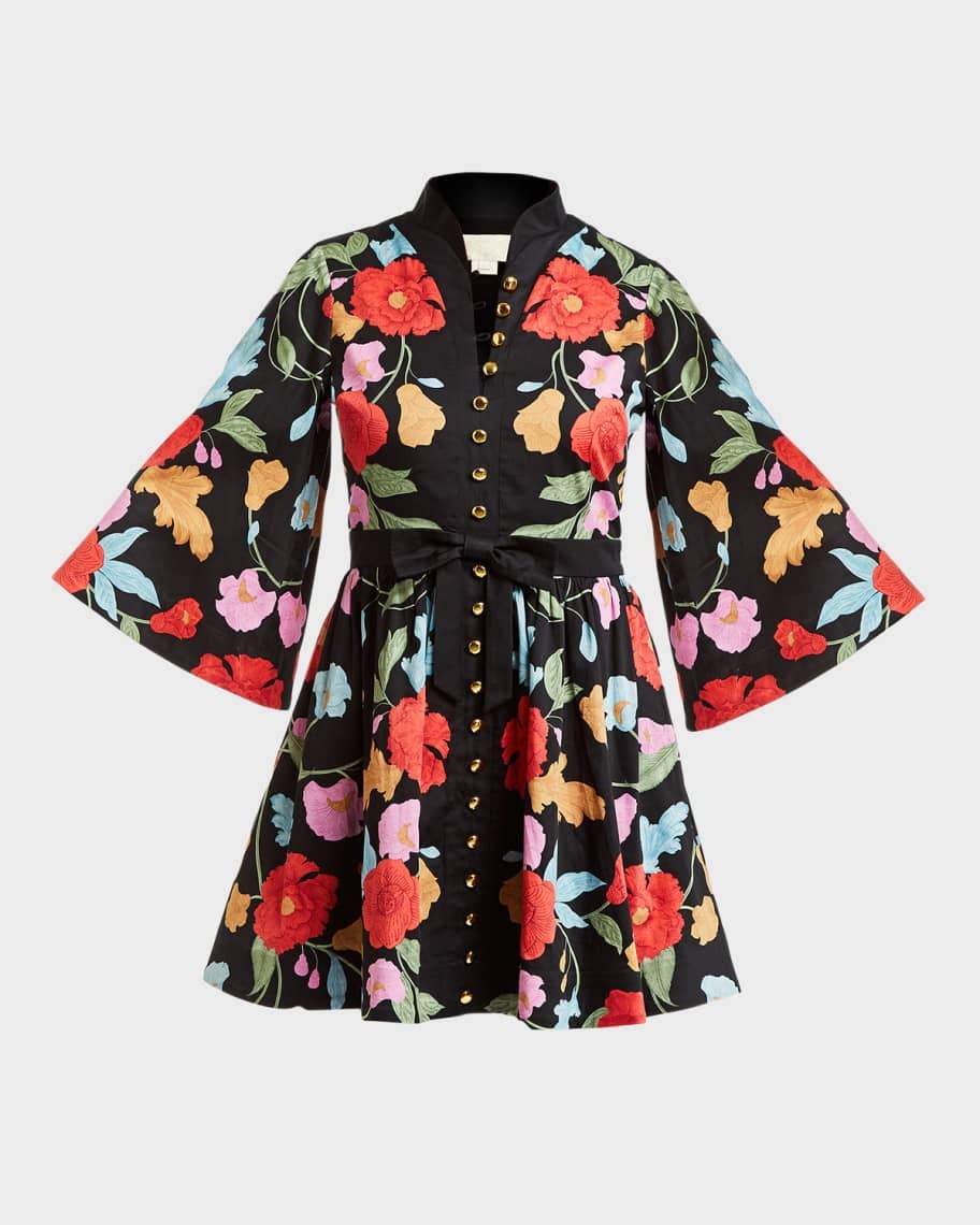 Floral-Print Flare-Sleeve Mini Dress