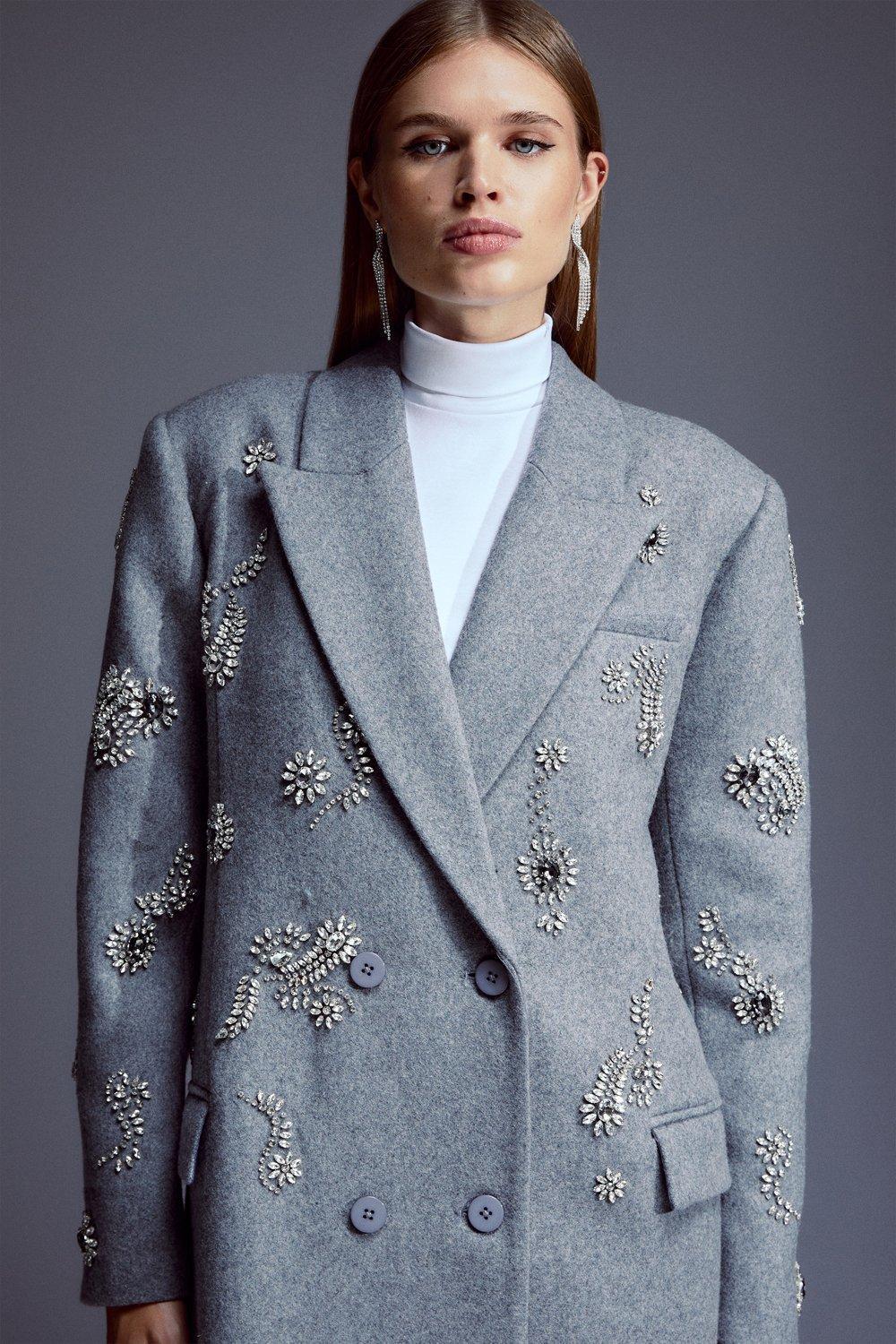 Wool Blend Embellished Maxi Coat