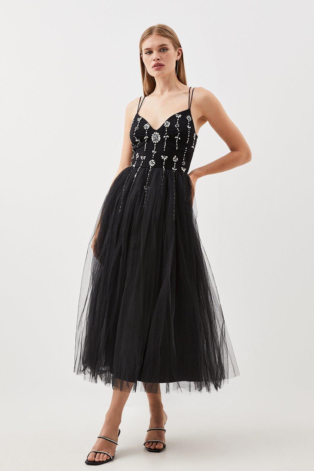 Crystal Embellished Tulle Midi Dress