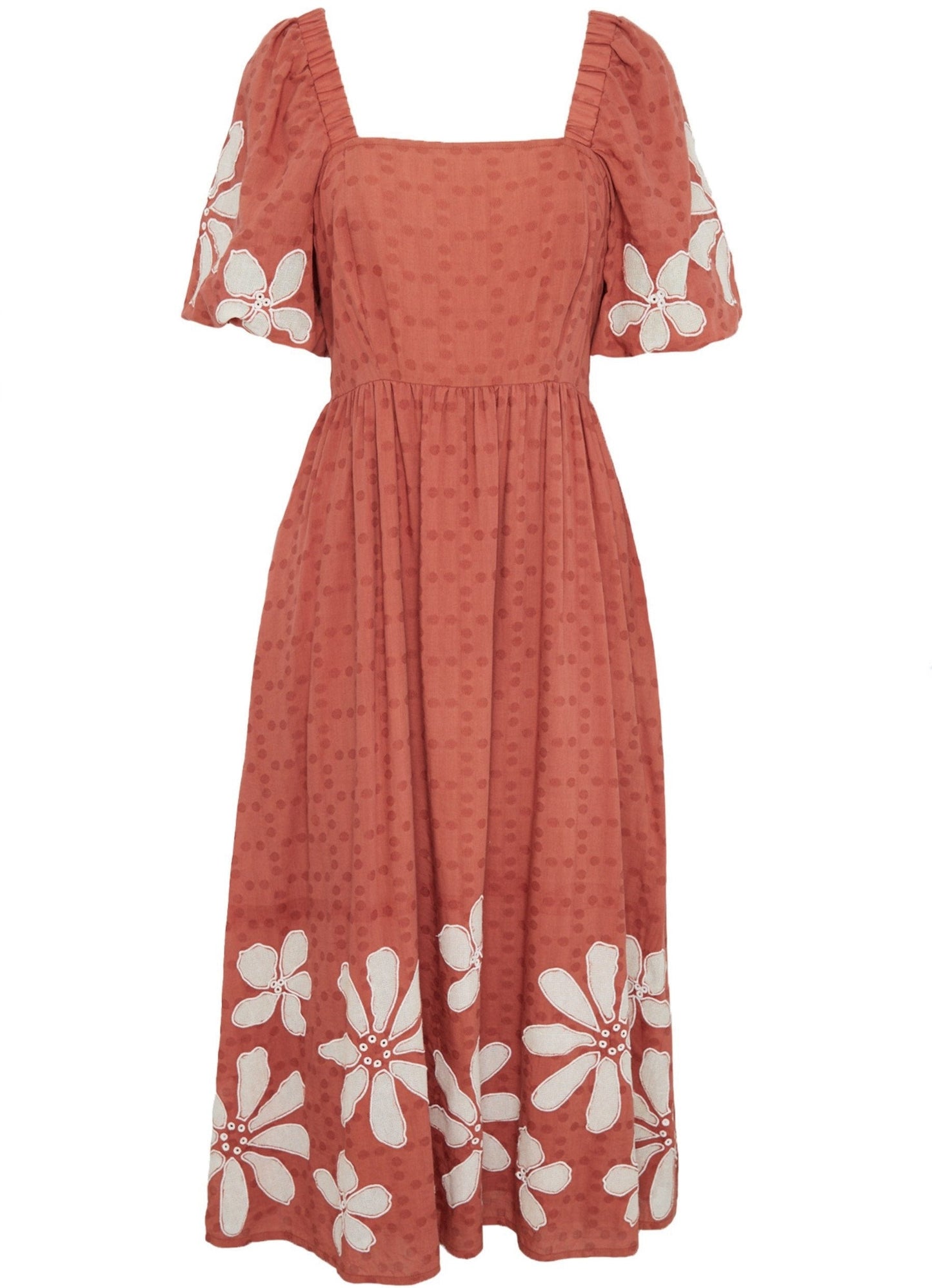 Puff Sleeve Milkmaid Floral Applique Midi Dress