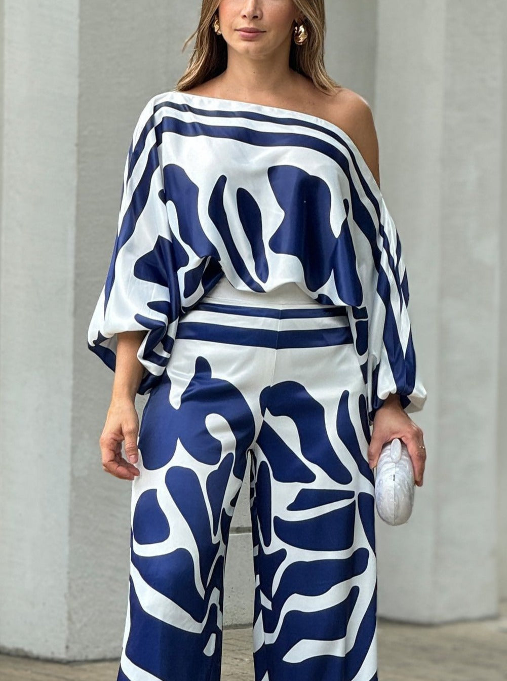 Casual Elegant Print Patchwork Off the Shoulder Long Sleeve Two Pieces