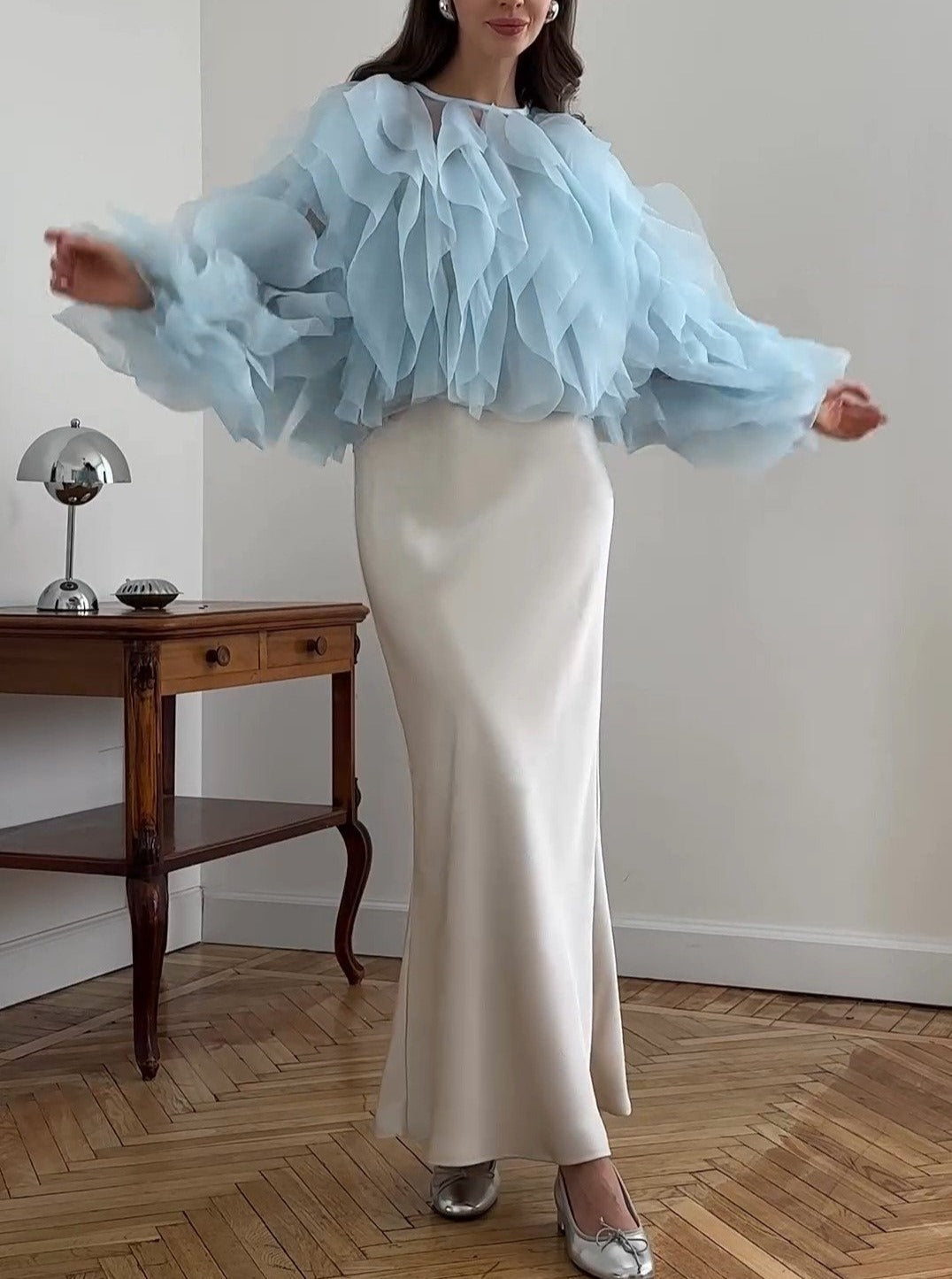 Lantern Long Sleeve Ruffle Short Women Blouses