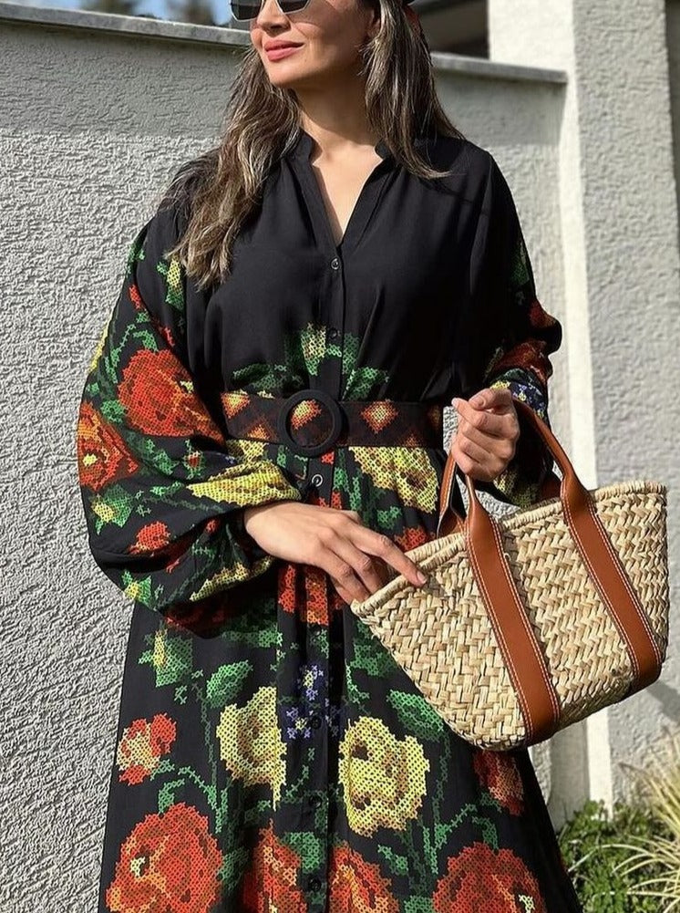 Black Orange Floral Maxi Dress
