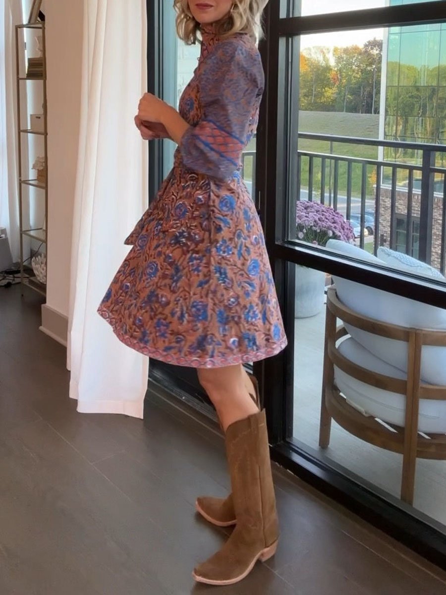 Patchwork Printed Long Sleeve Lace Up Dress