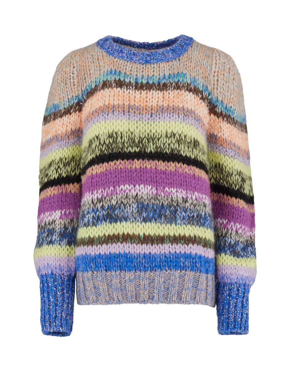 Rainbow Casual Puff Sleeve Knit Sweater