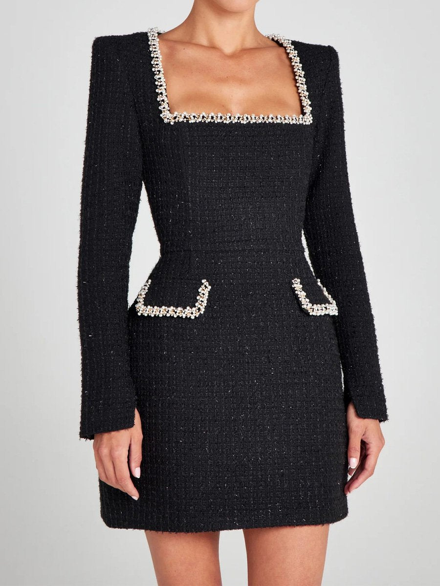 Square Collar Long-sleeved Beaded Chiang Dress