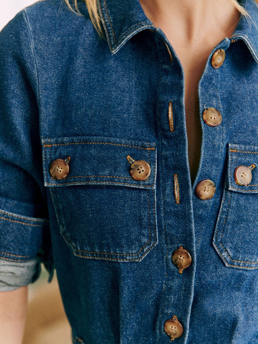 Denim Lace Up Button Up Long Sleeve Jumpsuit