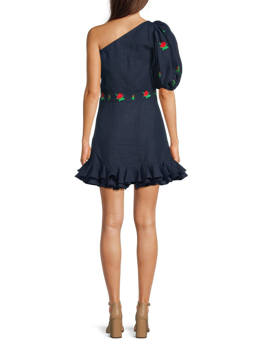 One Sleeve Ruffle Hem Floral Embroidery Dress