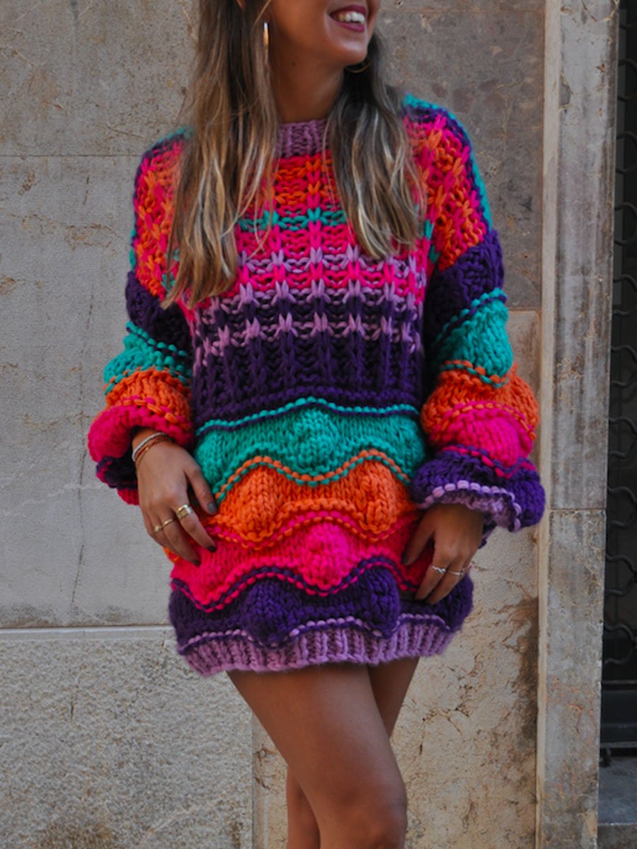 Rainbow Contrast Handmade Sweater Dress