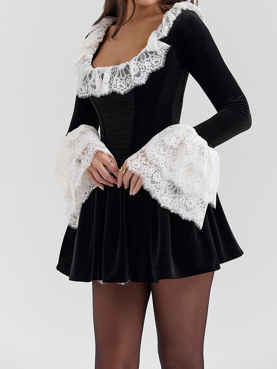 Lace Patchwork Square Collar Mini Dress