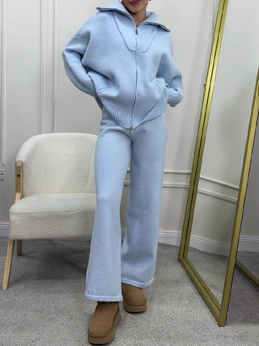 Fashion Knitted Zip Up Two-piece Set