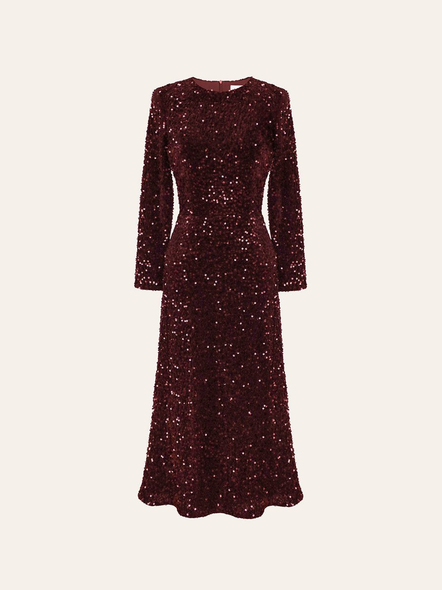 Sequin Decorated Velvet Long Sleeve Midi Dress