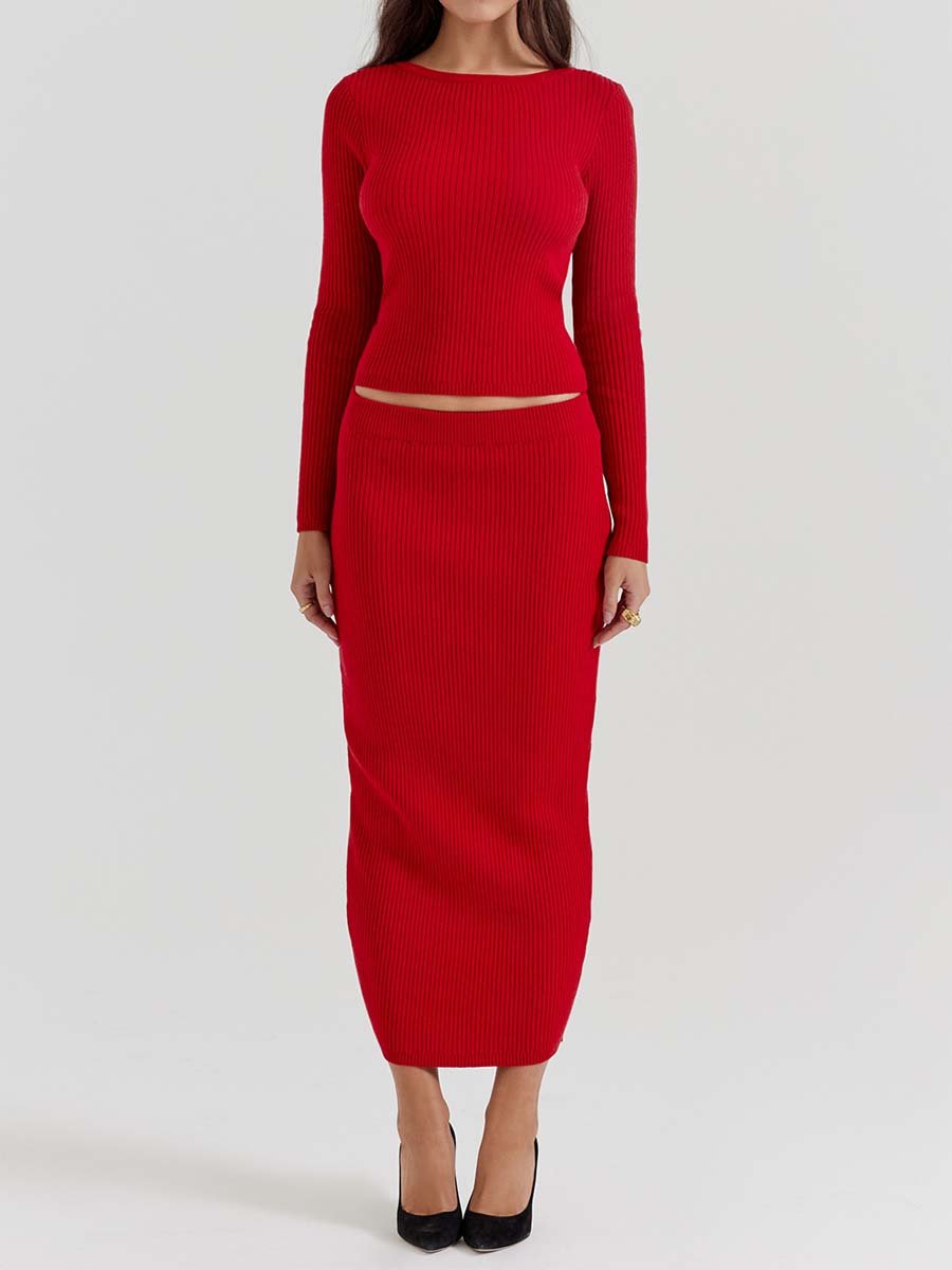 Bow Backless Long Sleeve Top & Skirt