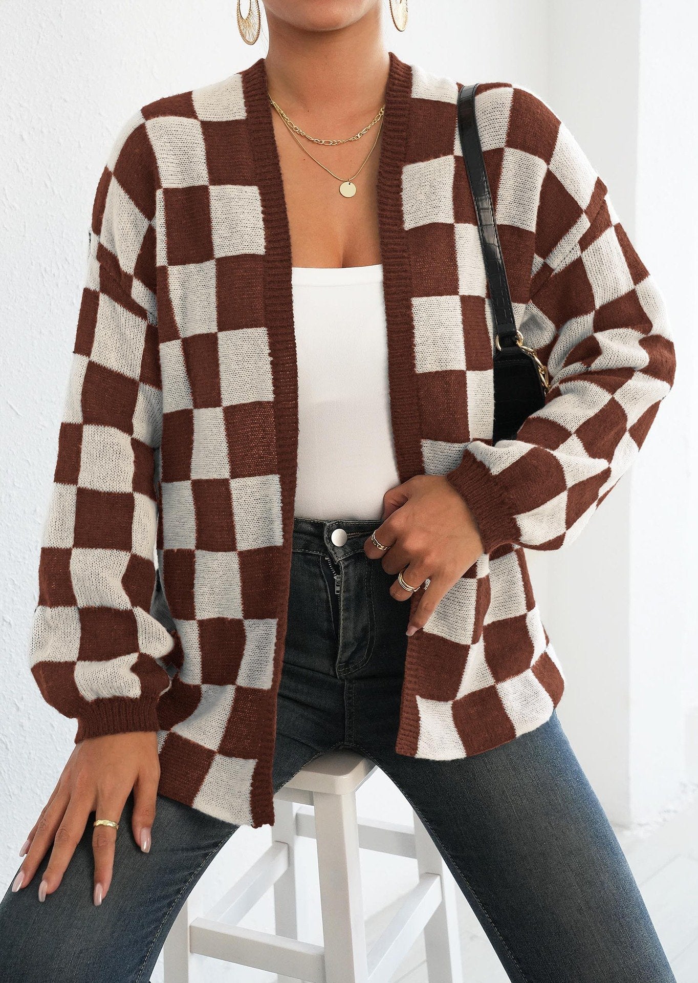 Checkered Open Front Long Sleeve Cardigan