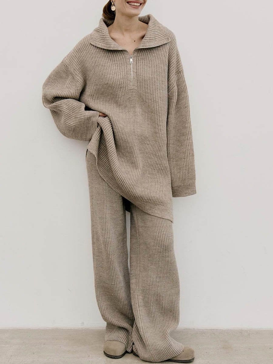 Solid Zip Sweater Knit Two-Piece Set