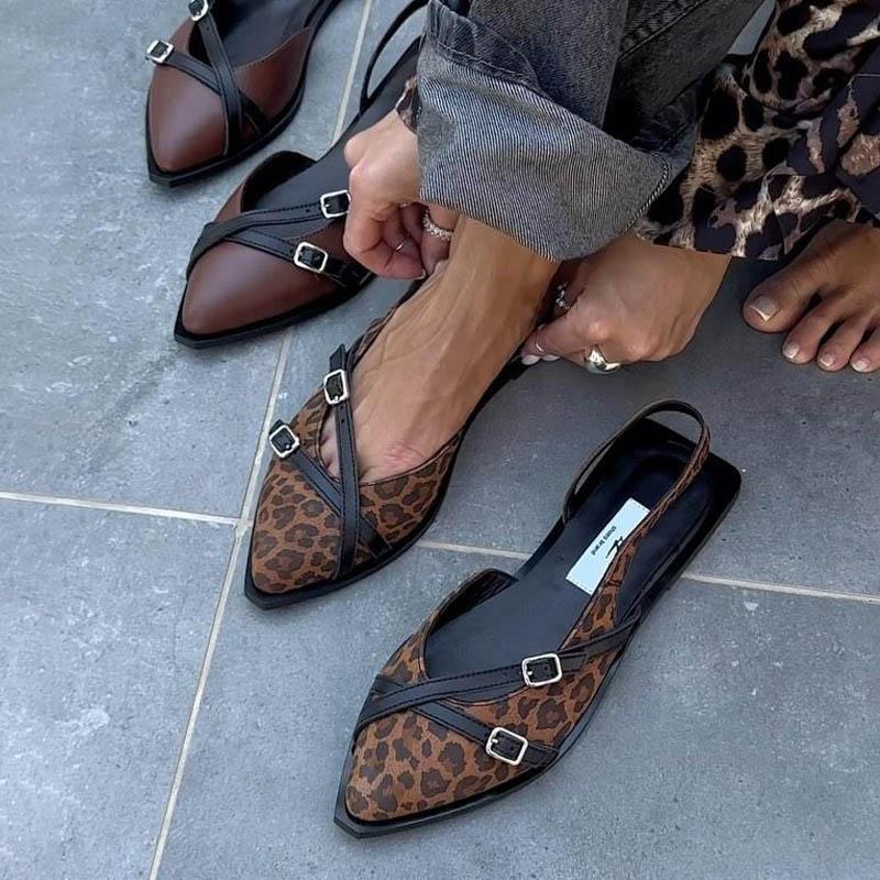 Leopard Print BeltBuckle Flat Sandals