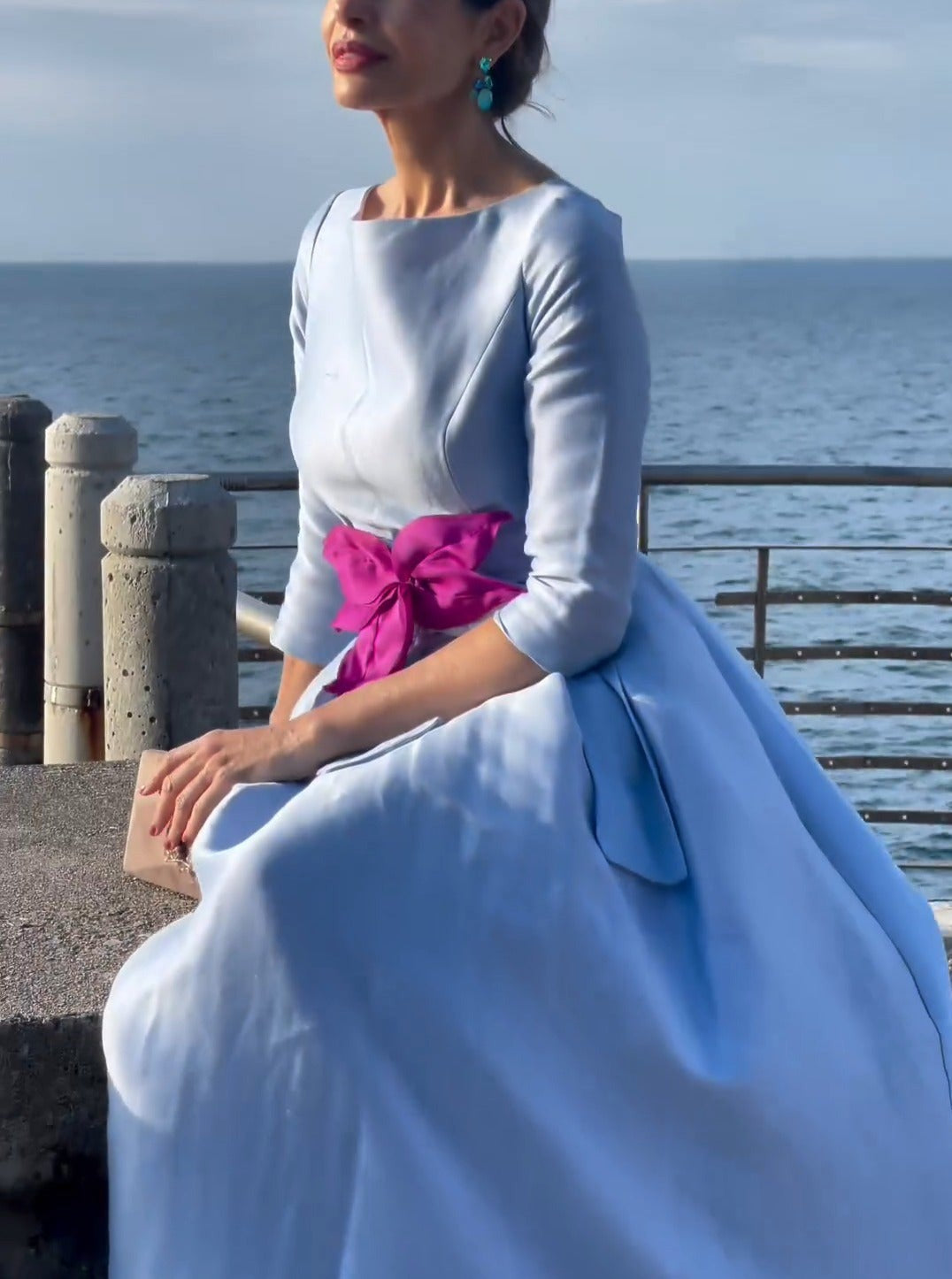 Blue Silk Pink Flower Gown Dress