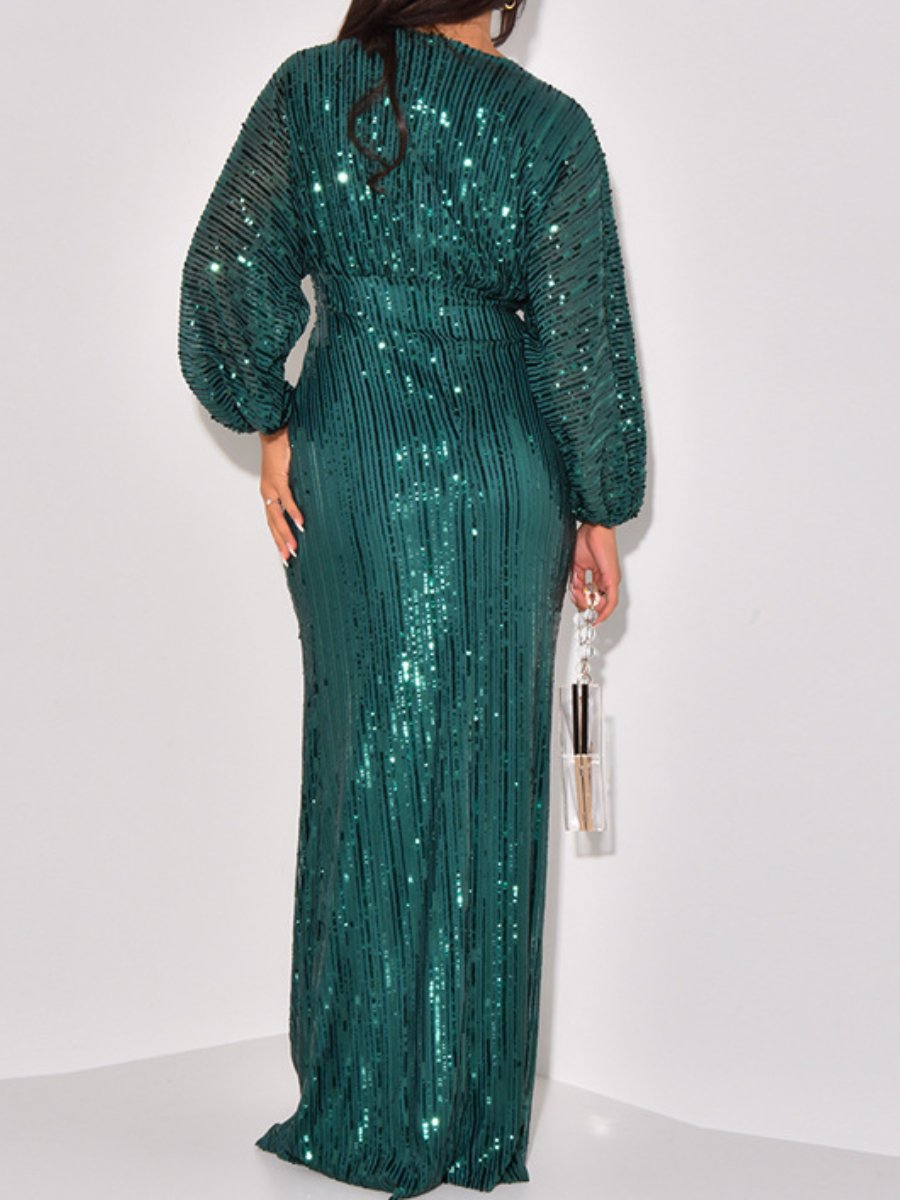 Sequin Long Sleeve V Neck Sexy Beaded Party Dress