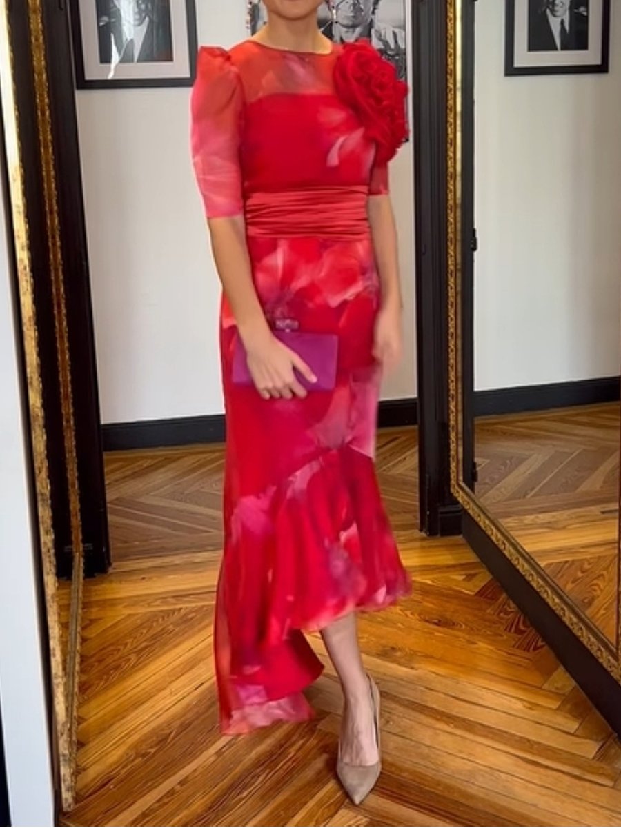 Romantic Red Floral Chiffon Dress