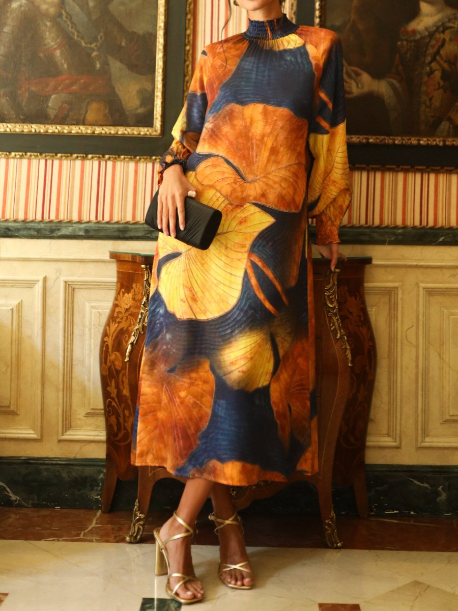 Olive Printed Long Sleeve Midi Dress