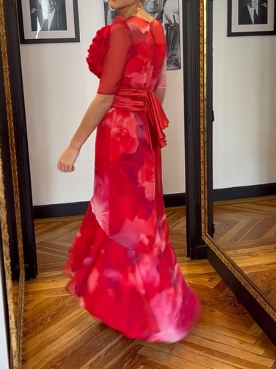Romantic Red Floral Chiffon Dress