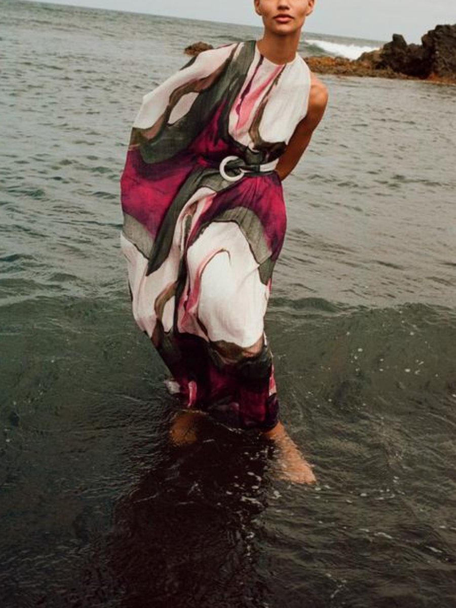 Stitching Single Shoulder Printed Dress