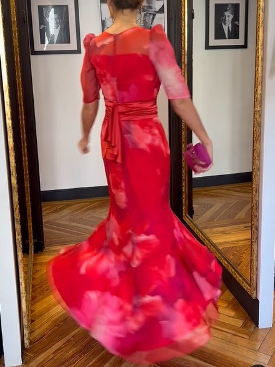 Romantic Red Floral Chiffon Dress