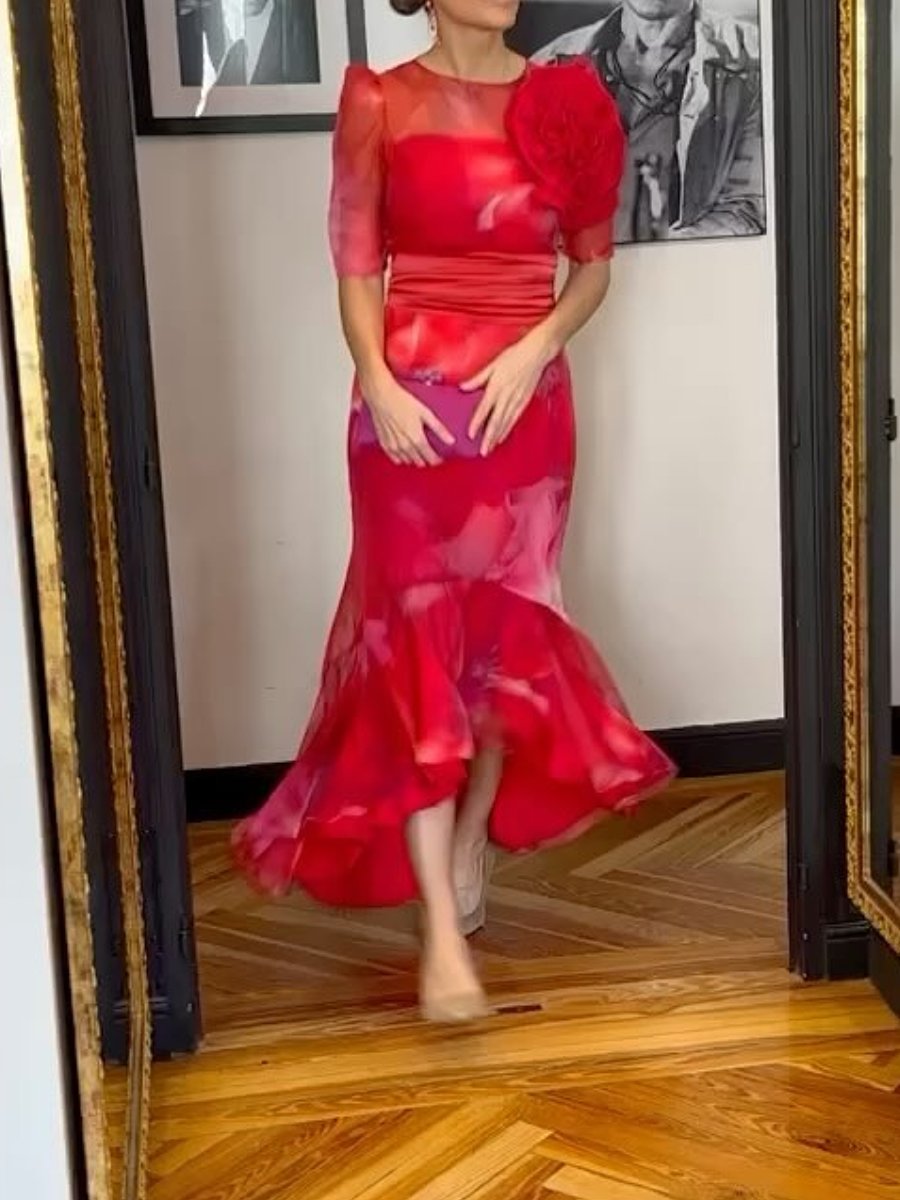 Romantic Red Floral Chiffon Dress