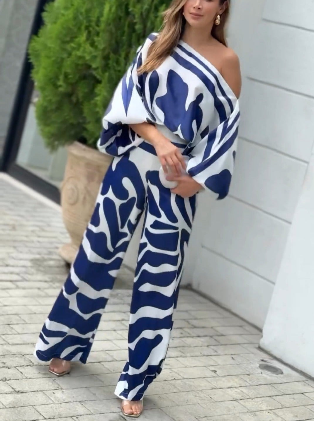 Casual Elegant Print Patchwork Off the Shoulder Long Sleeve Two Pieces