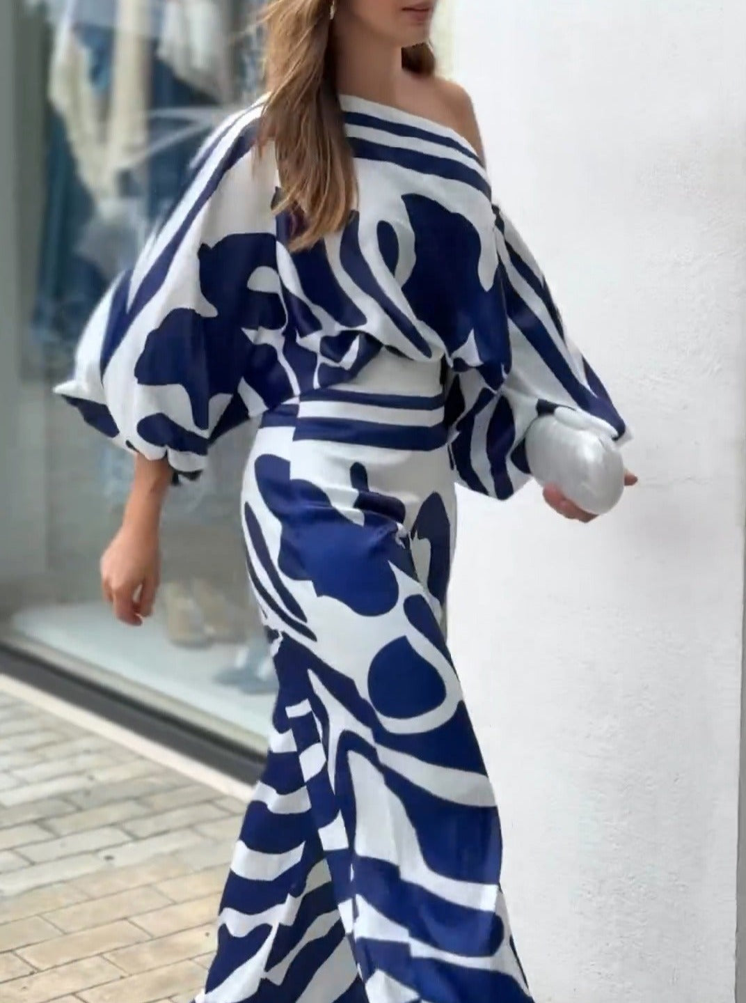 Casual Elegant Print Patchwork Off the Shoulder Long Sleeve Two Pieces